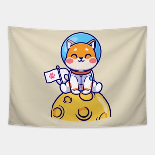 Cute Shiba Inu Dog Astronaut Sitting On Moon Cartoon Tapestry