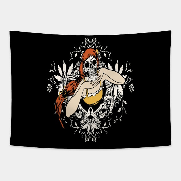 Skull Girl Floral Illustration Tapestry by Foxxy Merch