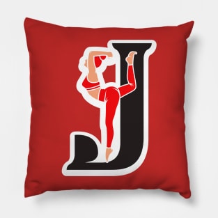 Sports yoga women in letter J Sticker design vector illustration. Alphabet letter icon concept. Sports young women doing yoga exercises with letter J sticker design logo icons. Pillow