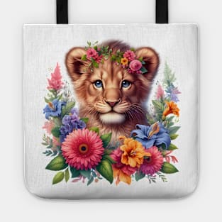 A baby lion decorated with beautiful colorful flowers. Tote