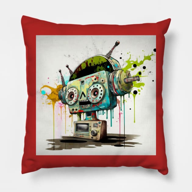 Robot Radio Head Splatter Pillow by BigBrainMerch