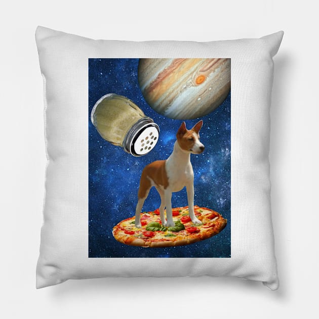 Terrier Dog Riding A Freshly Made Pizza Under The Moon Of Jupiter Being Chased By A Parmeson Shaker Pillow by Courage Today Designs