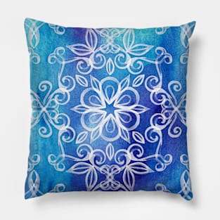 White Floral Painted Pattern on Blue Watercolor Pillow