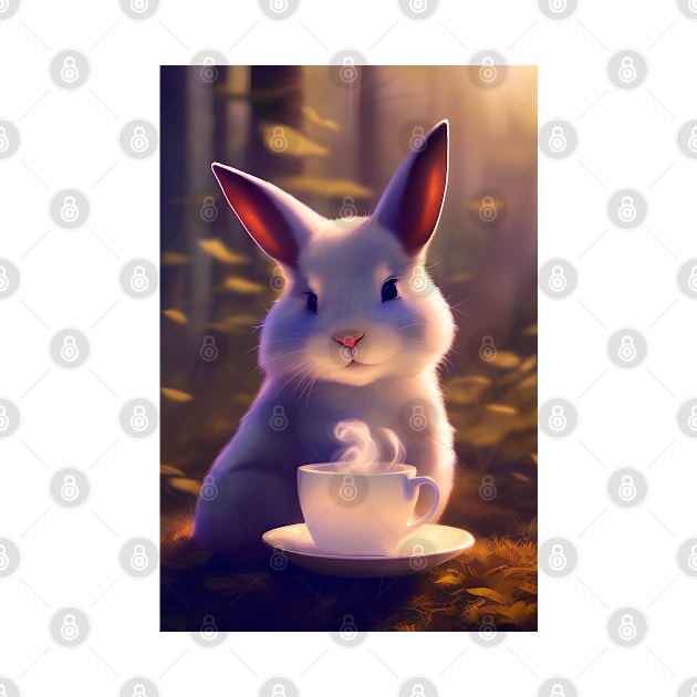 Cute White Rabbit with a mug cup of morning coffee by akwl.design