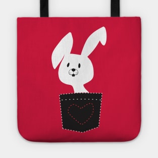 Cute White Easter Bunny With Black Pocket And Red Heart Tote