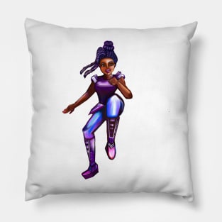 Black anime superhero brown eyed girl from outer space doing a high knee kick ! beautiful  black girl with Afro hair, brown eyes, Cherry pink lips and dark brown skin. Hair love ! Pillow