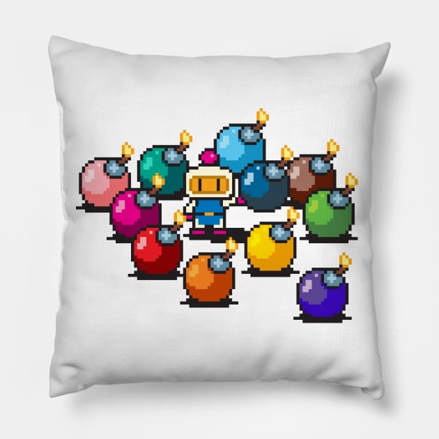 Bomberman rainbow bombs pixel art Pillow by PXLFLX