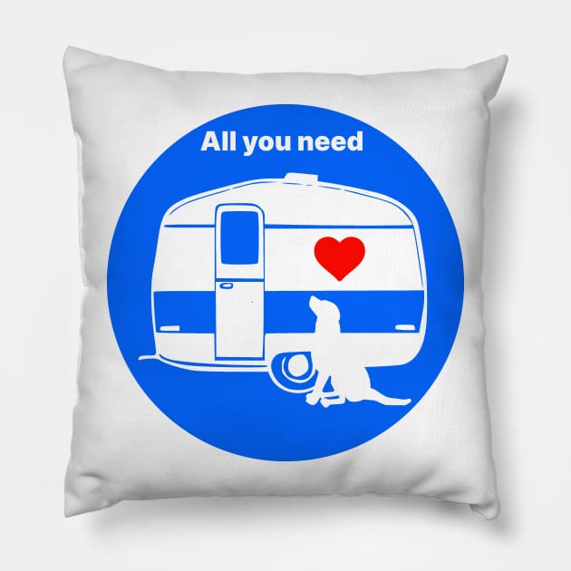 ALL YOU NEED HEART DOG CARAVAN BLUE Pillow by MarniD9