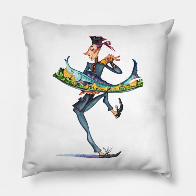 hand drawn cook chef fish Pillow by Mako Design 