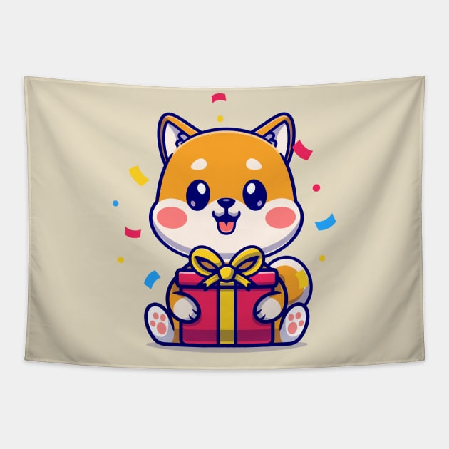 Cute Shiba Inu With Gift Box Cartoon Tapestry by Catalyst Labs