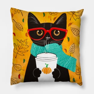 Autumn Coffee Black Cat Pillow