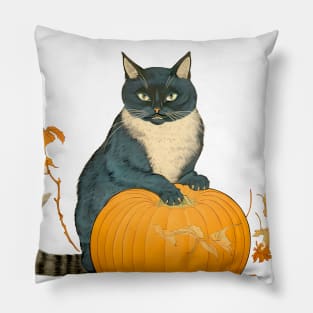 Japanese Cat on a Halloween Pumpkin During the Halloween Season on a light (knocked out) background Pillow