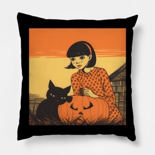 Halloween Brunette Girl in orange dress with black Cat and Pumpkin Pillow