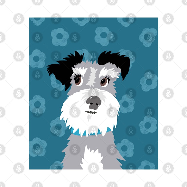 Salt and Pepper Miniature Schnauzer on Blue Daisy Background by NattyDesigns