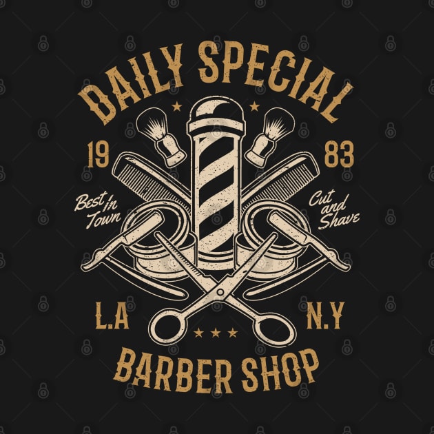 Daily Special Retro Barbershop Pole L.A. N.Y. Cut And Shave Scissors And Razors by JakeRhodes