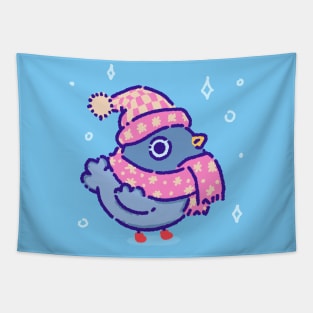 A cozy pigeon in a winter hat and a warm scarf Tapestry
