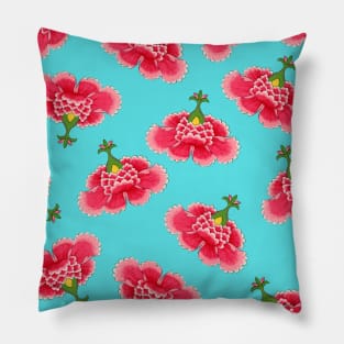 Chinese Vintage Pink and Red Flowers with Turquoise Blue - Hong Kong Traditional Floral Pattern Pillow