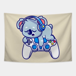 Cute Koala Sleeping On Game Controller With Headphone  Cartoon Tapestry