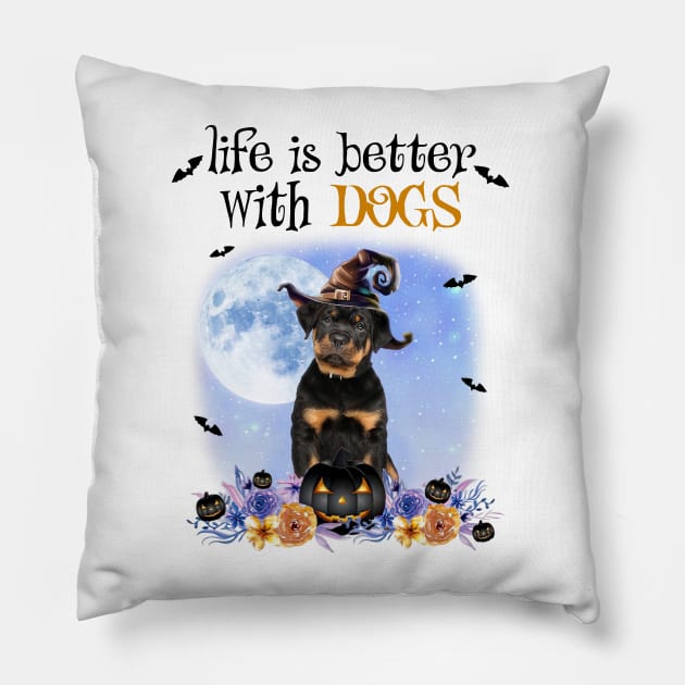 Rottweiler Witch Hat Life Is Better With Dogs Halloween Pillow by TATTOO project