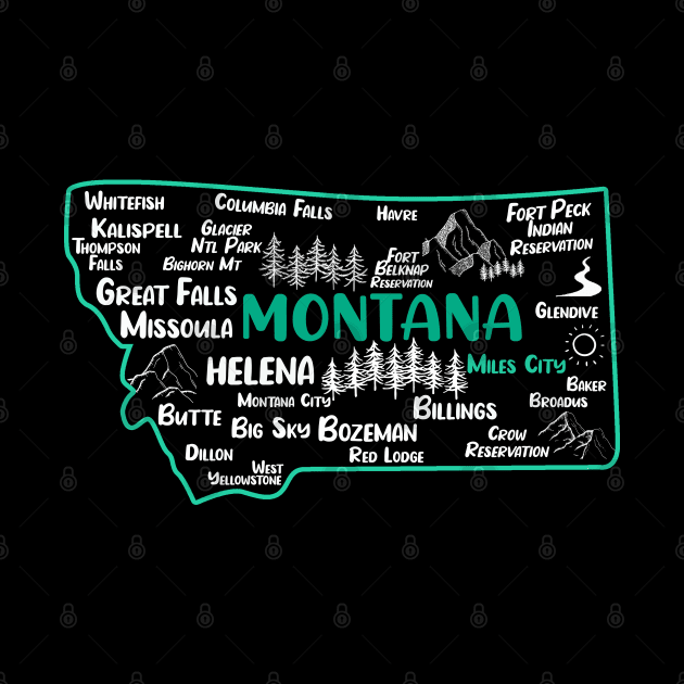 Cute map of Miles City Montana, Helena, Missoula, Great Falls, Bozemian, Billings, Kalispell, Big Sky by BoogieCreates