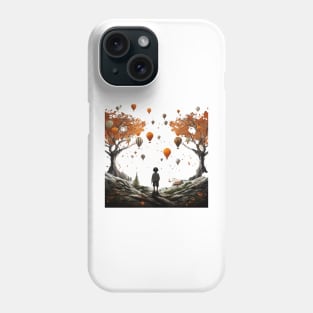 A Child Stands Below Autumn Trees While Balloons Fly Around Him Surrealistic Fantasy Landscapes Phone Case