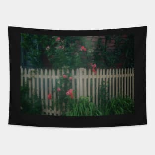 Pink Roses Growing on a White Picket Fence Tapestry