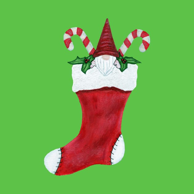 Gnome in Christmas Stocking With Candy Canes Holly Leaves by DeerSpiritStudio