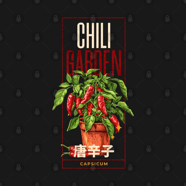 Chili garden design with a chili plant, red color, CAPSICUM, chili fruits and japanese text japanese Typography by OurCCDesign