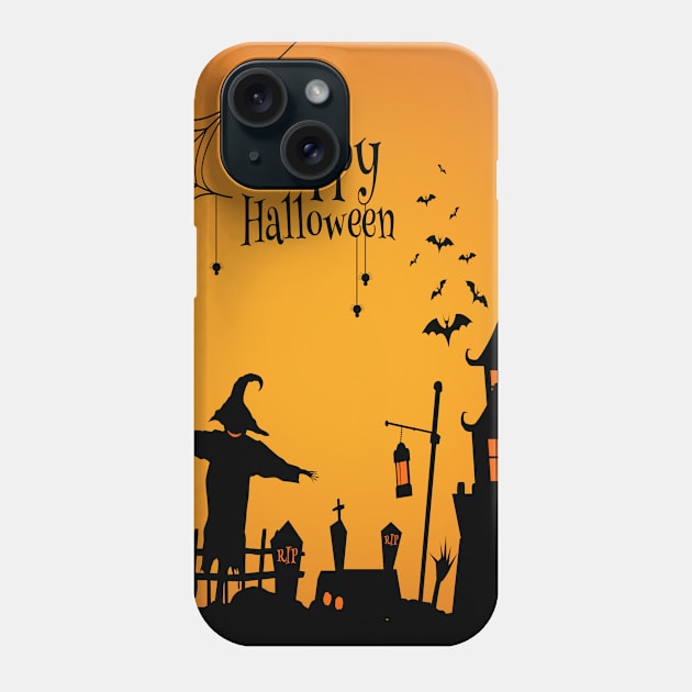 Halloween illustration with silhouette of castle and dead trees near cemetery crosses Phone Case by Modern Art