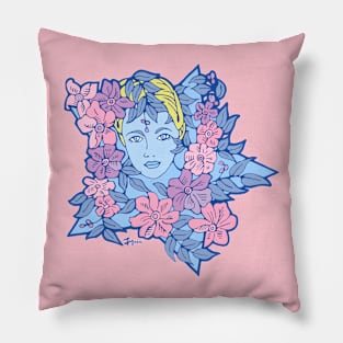 Blue Star Girl and Pink and Purple Flowers Pillow