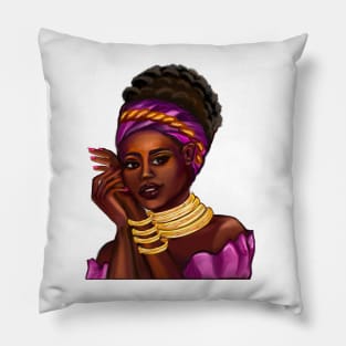 Afro Queen Black is beautiful anime manga black girl with Gold bangles, neck ring necklace, purple dress and head wrap, brown eyes and dark brown skin ! Pillow