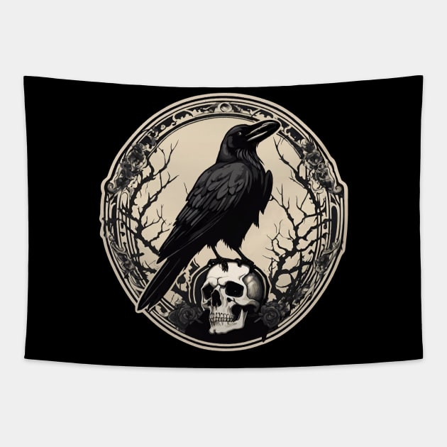 Vintage black crow on skull celtic goddess legend Badb Tapestry by pickledpossums