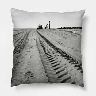 Tractor tracks along the beach at Sea Palling, Norfolk, UK Pillow