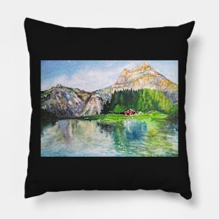 A House by the Lake in the Mountains Pillow