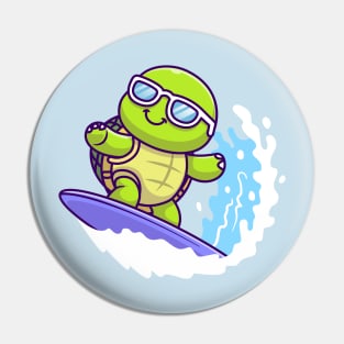 Cute Turtle Surfing In Sea Cartoon Pin