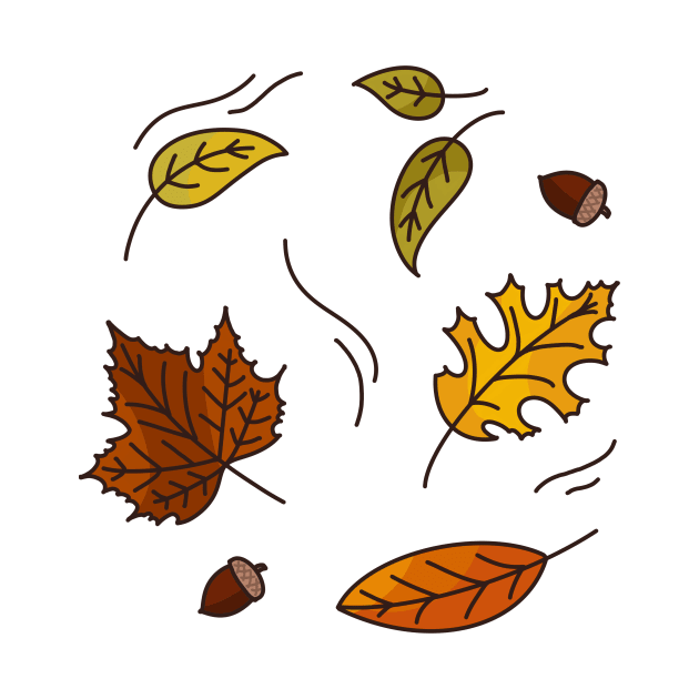 Simple autumn leaves falling acorns orange yellow green minimal cartoon maple tree by AlmightyClaire