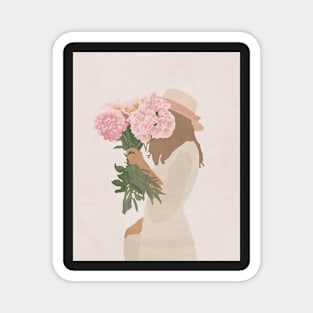 Girl with flowers, Peonies, Hat, Boho style art, Mid century art Magnet