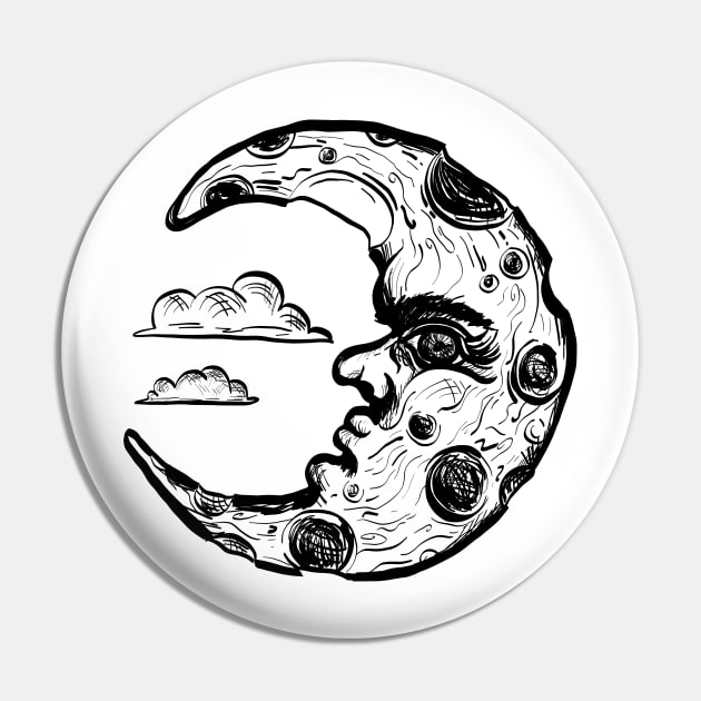 Man in the half moon design with clouds Pin by JDawnInk