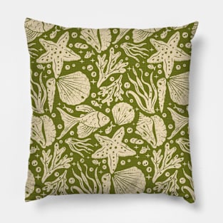 Block Printing Sea Life on Green Pillow