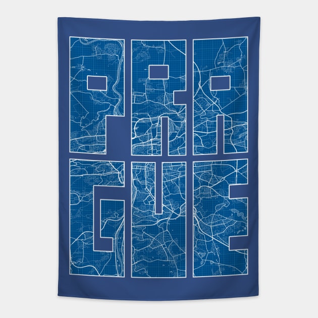 Prague, Czech Republic Map Typography - Blueprint Tapestry by deMAP Studio