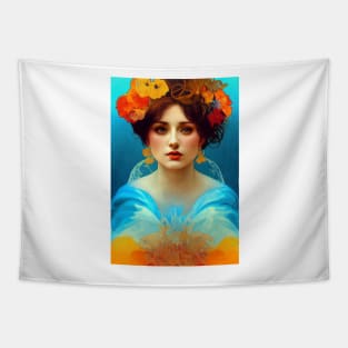 Art Nouveau Beauty in Blue and Gold, Vintage, Mucha, Gilded Age Tapestry