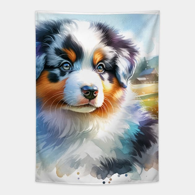 Watercolor Australian Shepherd - Cute Puppy Tapestry by Aquarelle Impressions