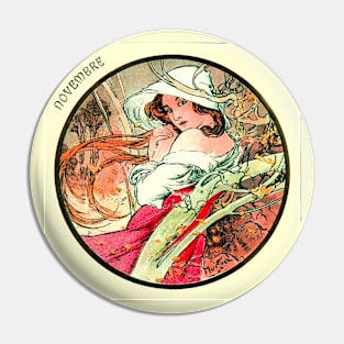 Art Nouveau November Calendar Alphonse Mucha Pin