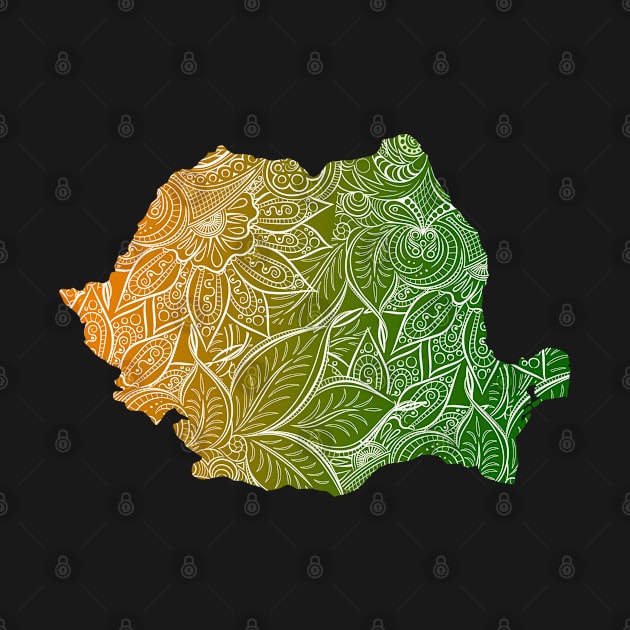 Colorful mandala art map of Romania with text in green and orange by Happy Citizen