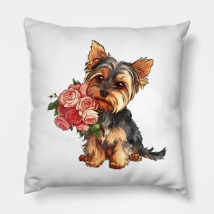 Valentine Yorkshire Terrier Dog Giving Flowers Pillow