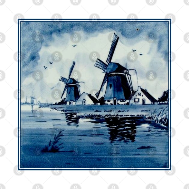 Dutch Blue Delft Windmills Vintage Print by posterbobs