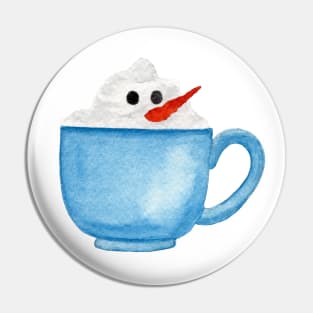 Hot Chocolate Snowman - Shy Snowman in a blue mug Pin