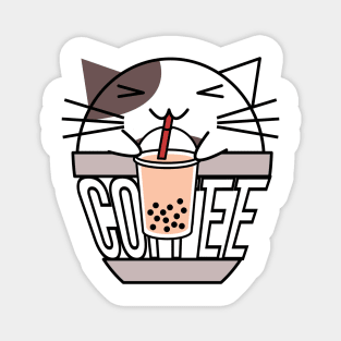 Cat in coffee cup with warped text drinking boba brown Magnet