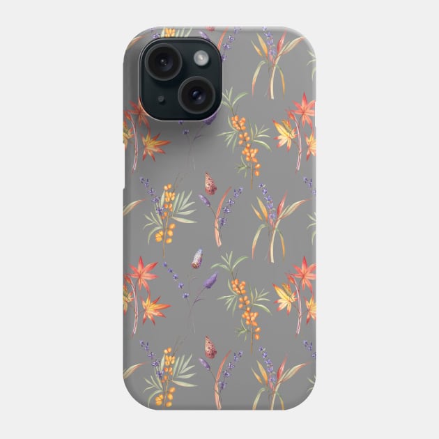 Autumn herbs and leaves on gray background Phone Case by Flowersforbear