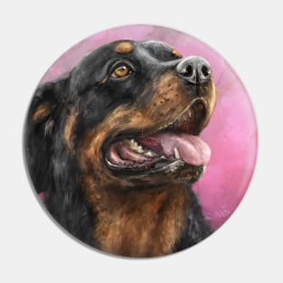 Painting of a Gorgeous Rottweiler with Its Tongue Out, Purple Spattered Background Pin